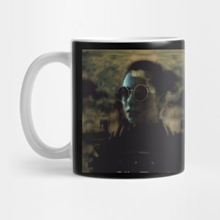 Beautiful girl with round glasses. Dark, like in night dream. Yellow, brown and aqua. Mug